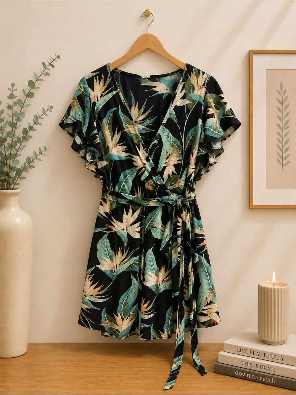 Tropical Wrap Mini Dress - Black with Green Leaf Print